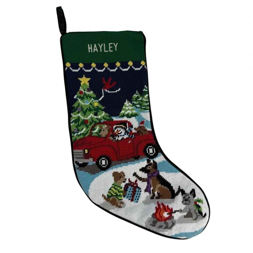 Lands End Christmas Stocking Needlepoint Dog Puppy Winter Scene Hayley XMas
